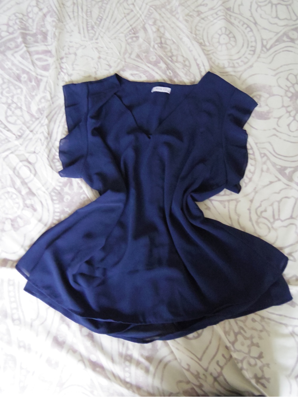 V-Neck Ruffle Sleeve Blouse in Navy